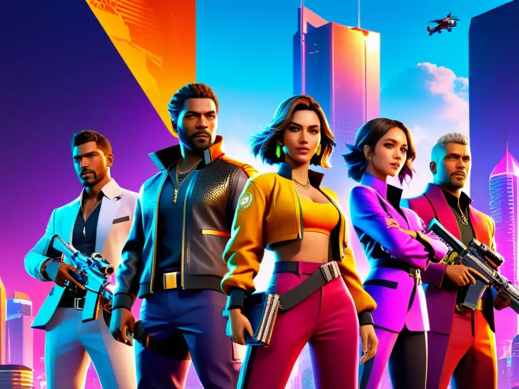 Personajes de Free Fire unidos en un campo de batalla futurista y neón, representando estrategias colaborativas en el juego