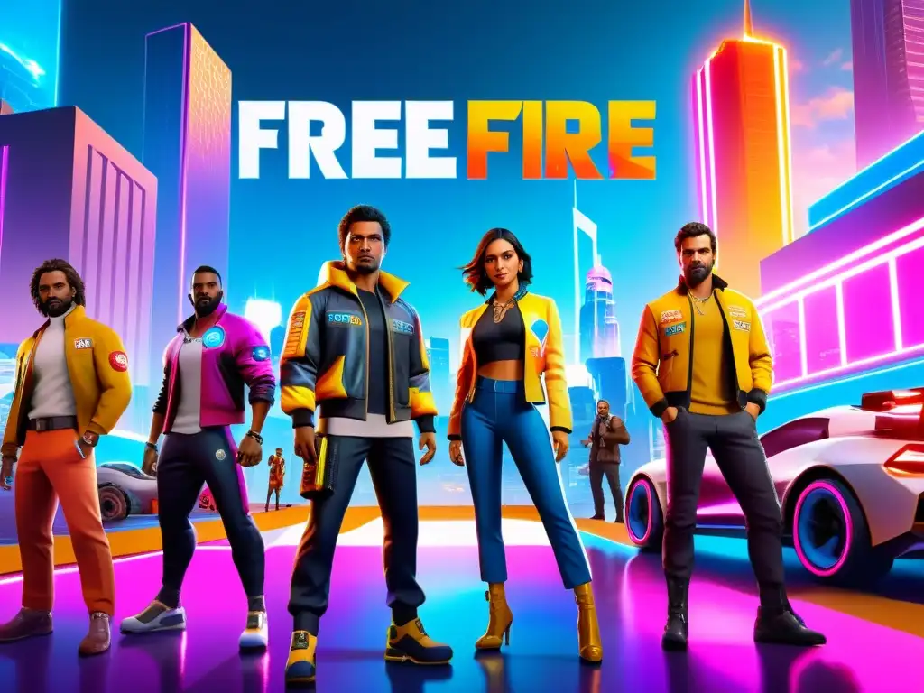 Personajes de Free Fire en una ciudad futurista con luces de neón, mostrando innovación en patrocinios de Free Fire