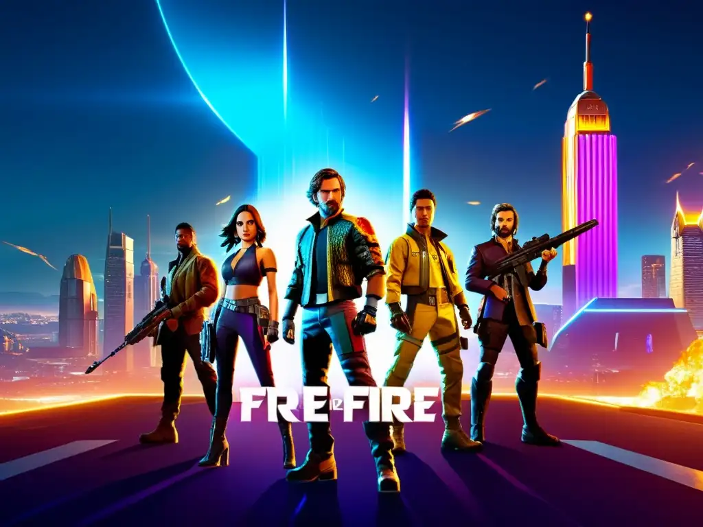 Los personajes de Free Fire posan en una ciudad futurista de noche, con armaduras detalladas y armas futuristas