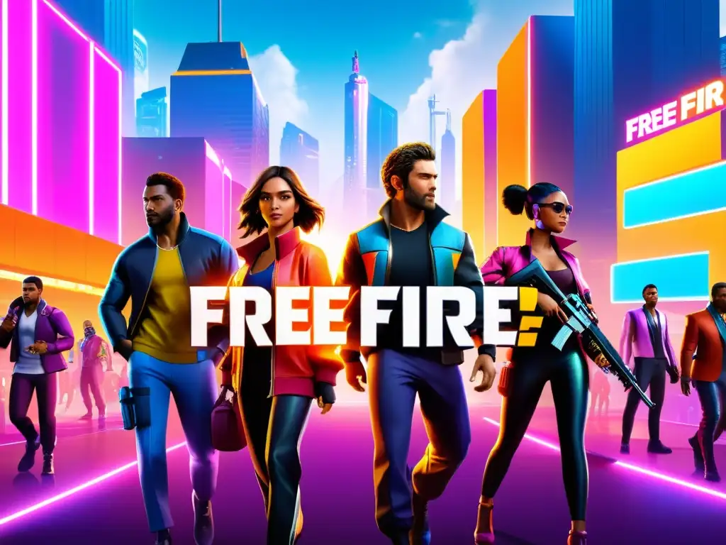 Personajes de Free Fire en una ciudad futurista y vibrante, listos para los eventos de descuento Free Fire