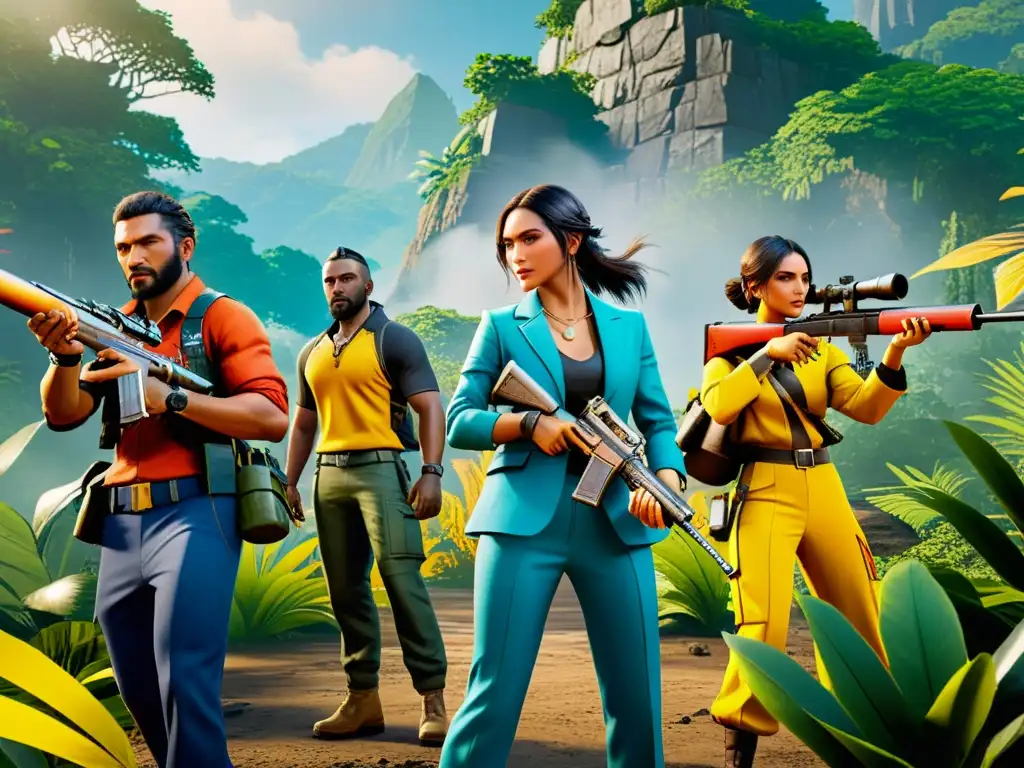 Cuatro personajes de Free Fire en formaciones de combate en la exuberante selva, mostrando trabajo en equipo y tácticas de juego