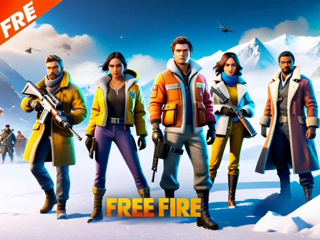 Personajes de Free Fire en un intenso combate invernal, rodeados de armas y suministros