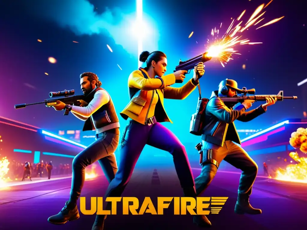 Dos personajes de Free Fire en un intenso enfrentamiento 1 vs 1 en un escenario urbano futurista y neonlit, mostrando técnicas para ganar enfrentamientos 1 vs 1