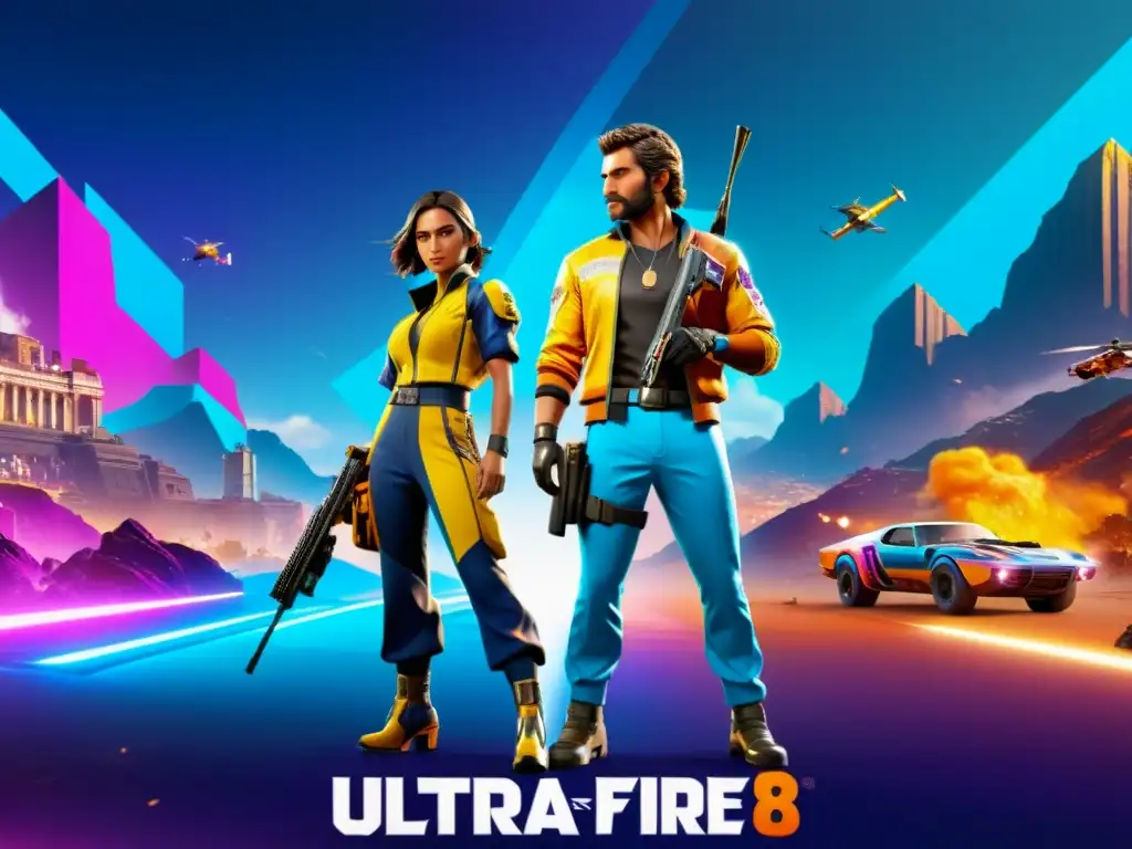 Dos personajes de Free Fire en un paisaje futurista