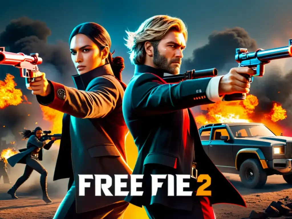 Dos personajes poderosos de Free Fire, con alianzas poderosas en un paisaje postapocalíptico