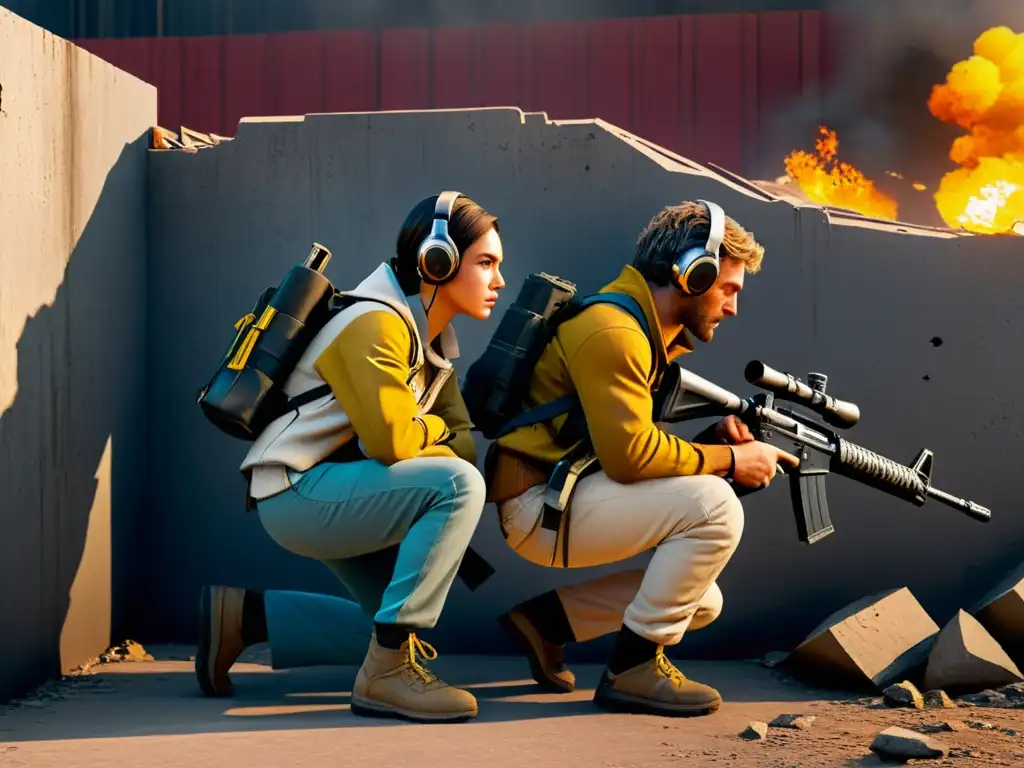 Dos personajes de Free Fire preparados con tácticas avanzadas para supervivencia en Duo, acechando detrás de una pared parcialmente destruida