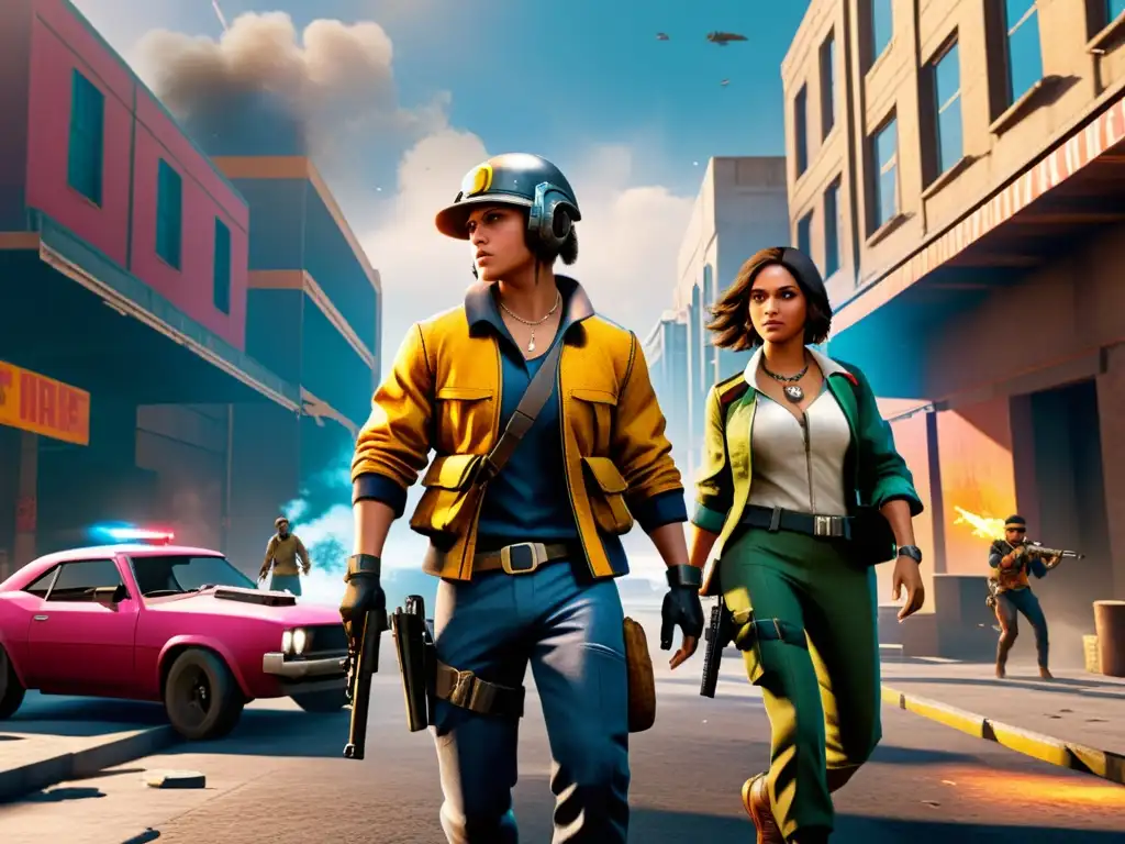 Dos personajes en Duo Free Fire, desplegando tácticas avanzadas para supervivencia en una intensa batalla urbana