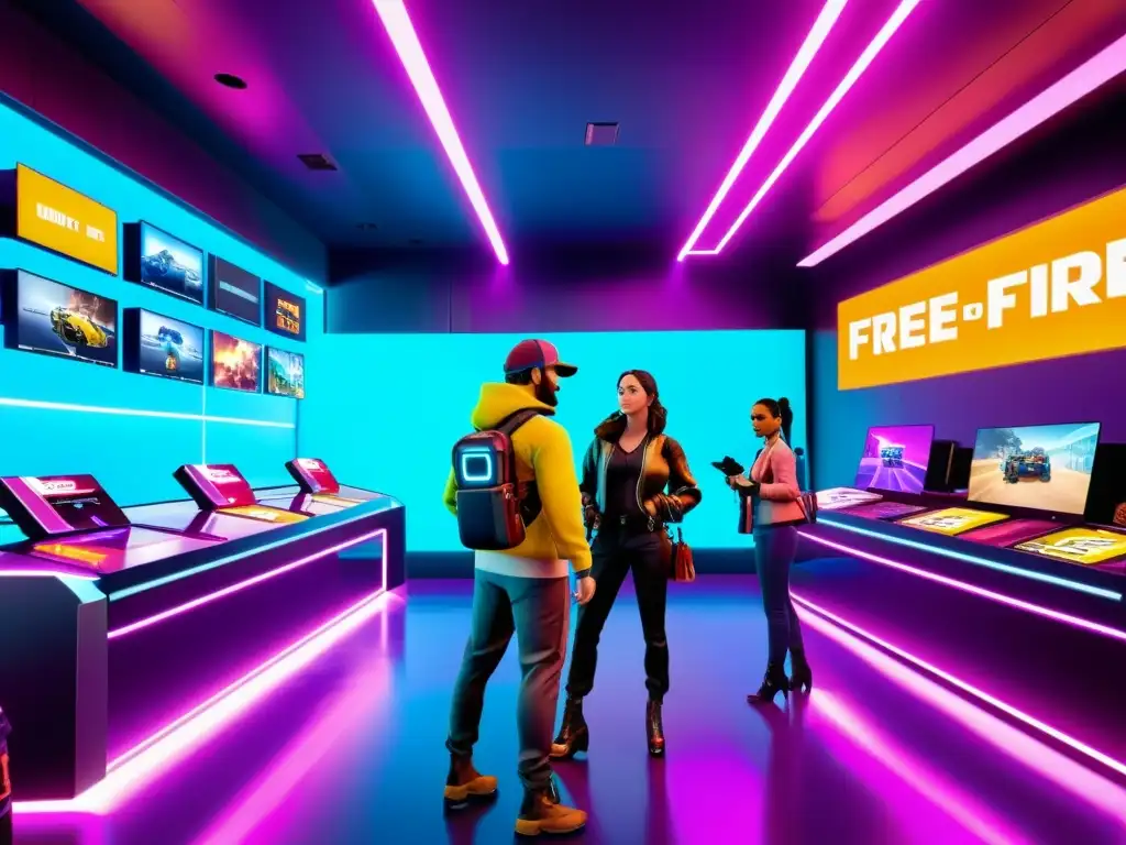 Personajes de Free Fire en tienda virtual futurista, planificando compras estratégicas