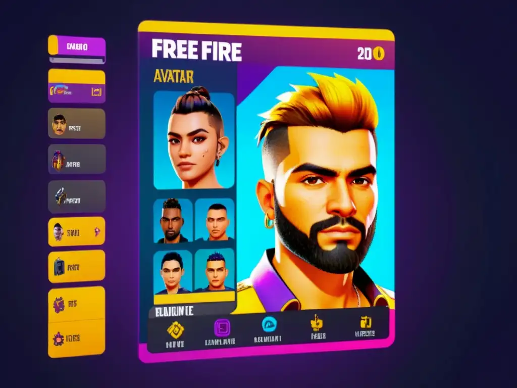 Personalización de avatar en Free Fire: Pantalla detallada con múltiples opciones vibrantes y diseño moderno