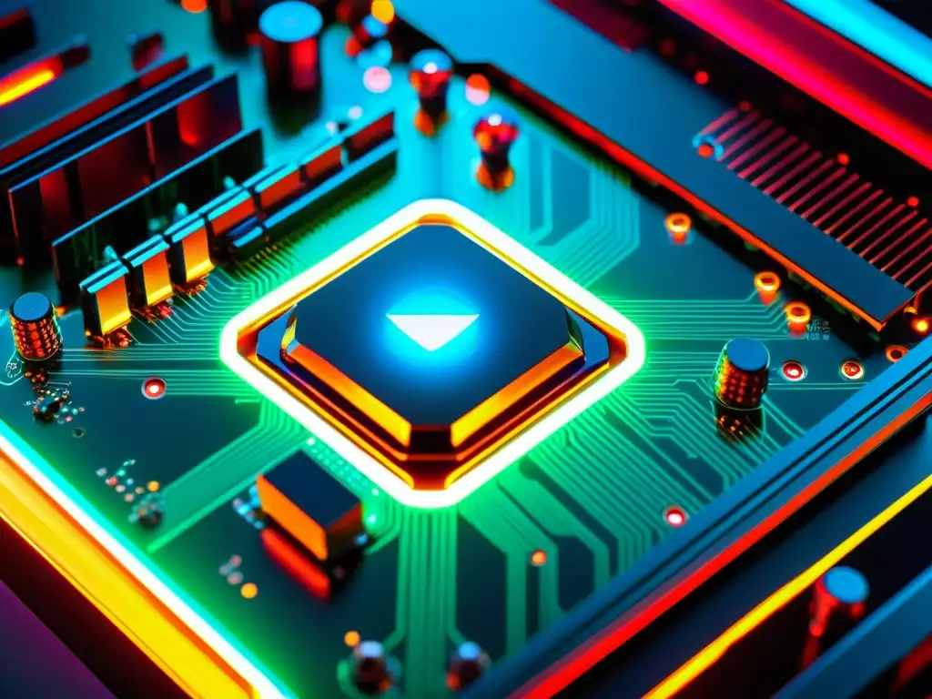 Una placa base de juegos moderna con luces LED vibrantes iluminando la intrincada circuitería