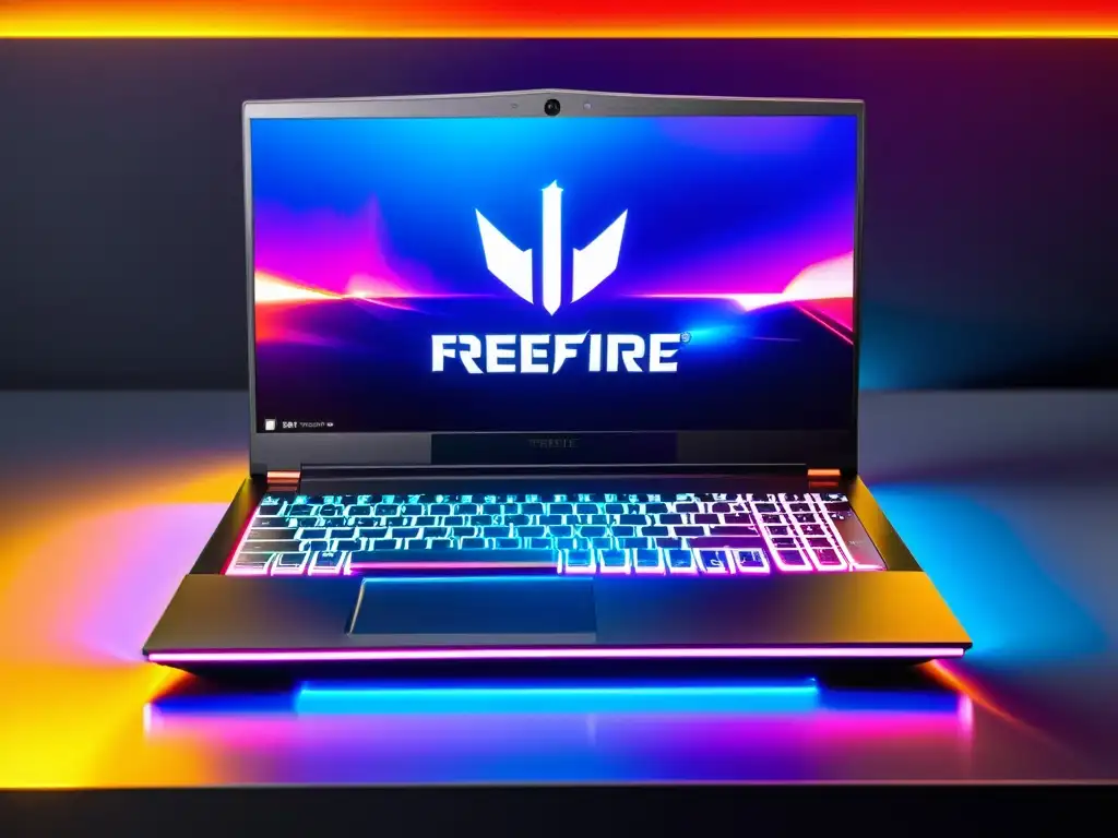 Un portátil gaming de alta gama con teclado retroiluminado RGB y diseño futurista, ejecutando la última actualización de FreeFire