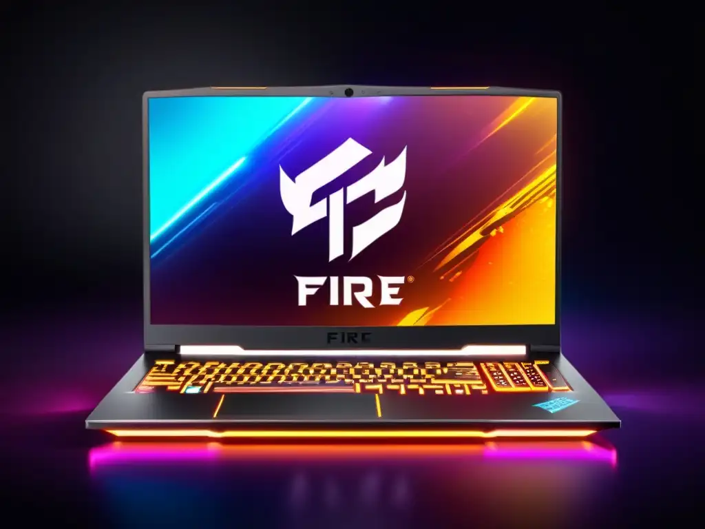 Un portátil gaming moderno con iluminación RGB y pantalla de alta resolución, destacando el logo de Free Fire en pantalla durante una intensa partida