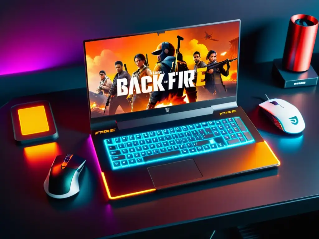 Portátil gaming con teclado retroiluminado en un setup futurista para Free Fire