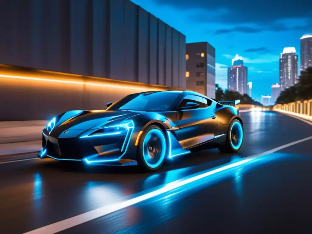 Un potente y futurista automóvil negro con acentos azules neon evadiendo disparos en un paisaje urbano distópico por la noche