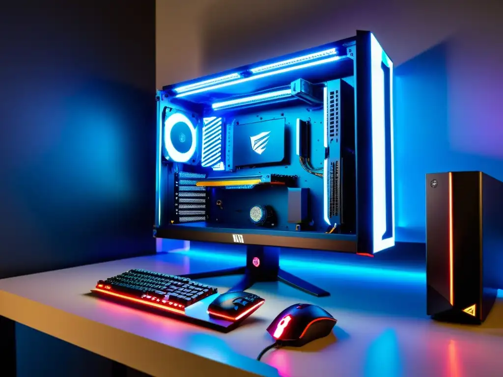 Una potente PC gaming con luces LED vibrantes ejecutando FreeFire en un monitor de alta resolución