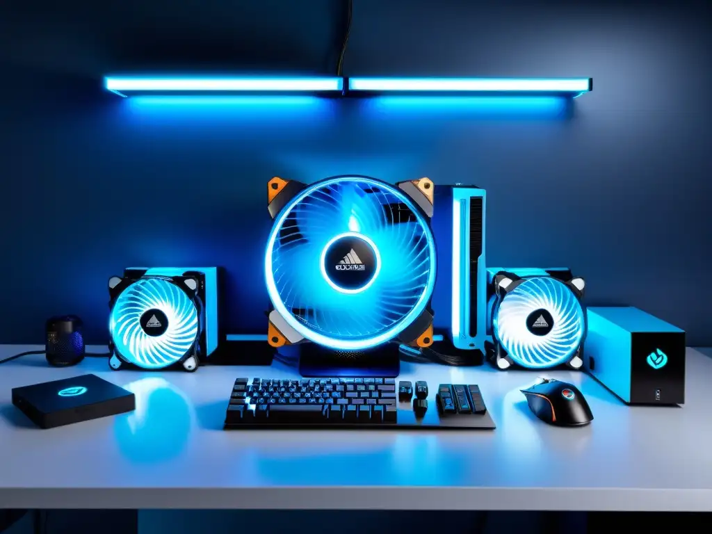 Potente setup gaming con ventiladores para gaming FreeFire, RGB y ambiente futurista en azul