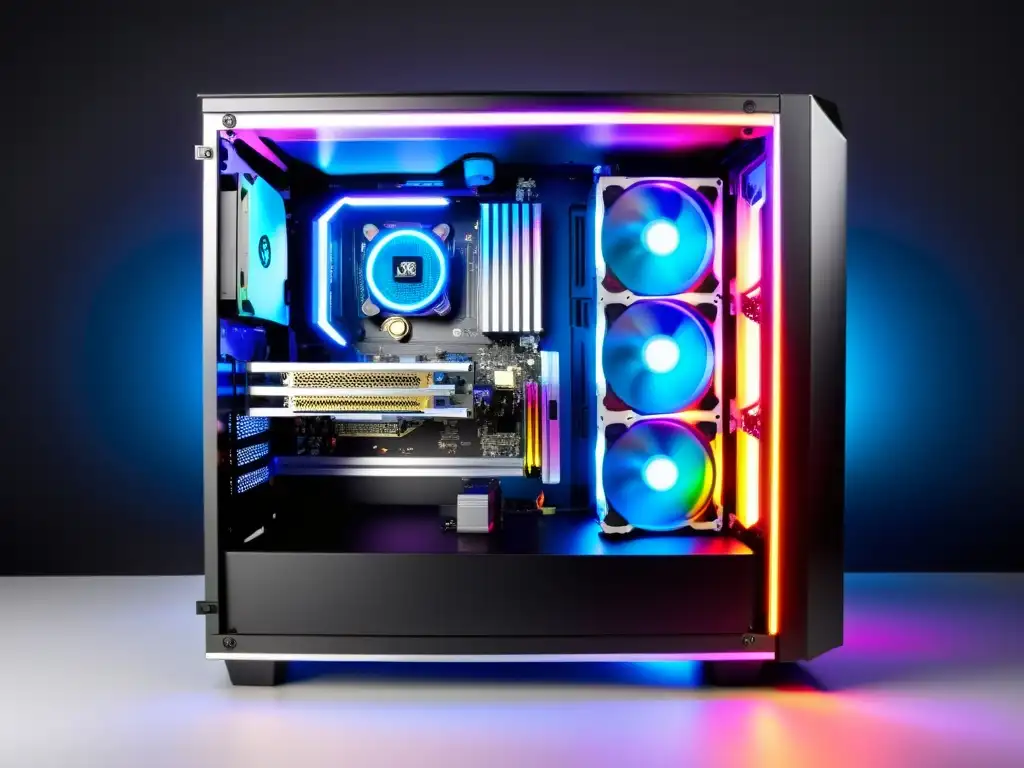 Potente setup de PC gamer con tarjetas gráficas iluminadas en RGB, mostrando tecnología de vanguardia