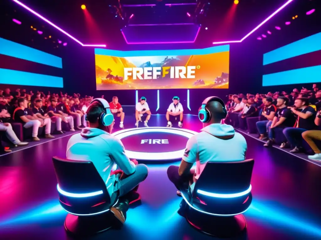 Profesionales de Free Fire colaborando en formas innovadoras en un escenario futurista y neoniluminado, rodeados de una multitud animada