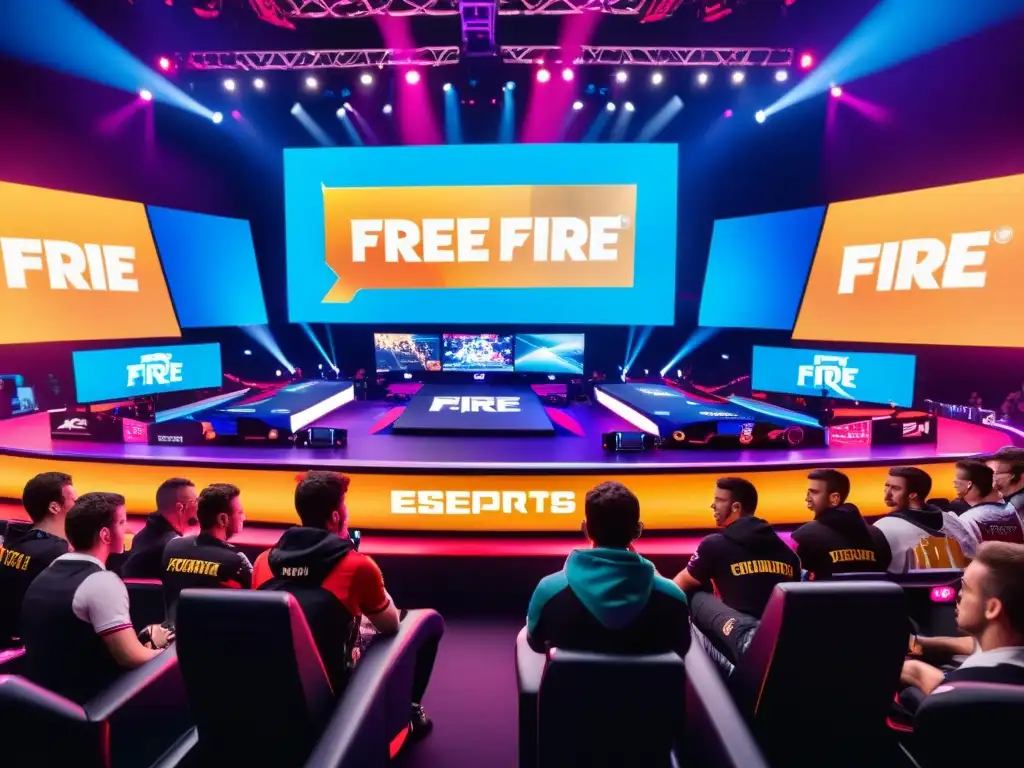 Profesionales gamers compiten en evento de Free Fire rodeados de pantallas LED futuristas y marcas