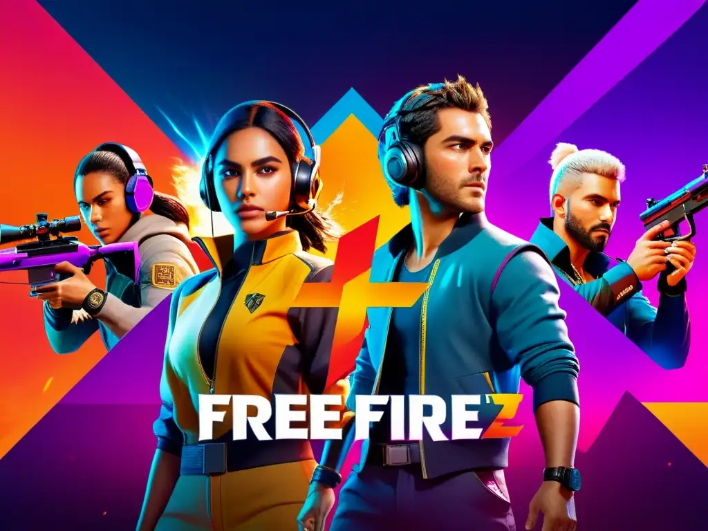 Profesionales compiten en un intenso evento virtual de Free Fire, rodeados de efectos visuales dinámicos y una interfaz futurista