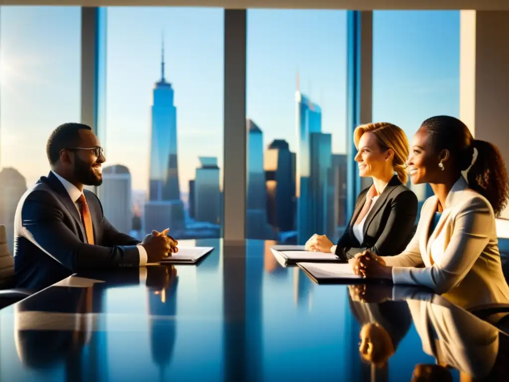 Profesionales de negocios en una animada reunión de patrocinio Free Fire en una sala de juntas elegante con vista panorámica a la ciudad