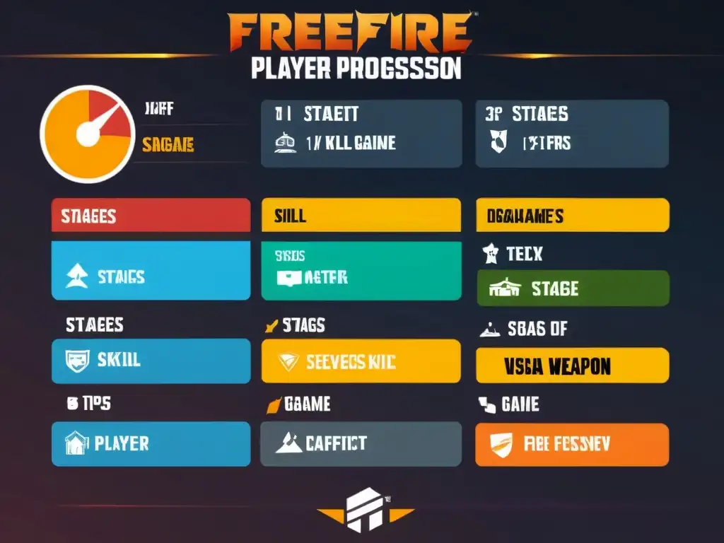 Infografía progreso ideal jugadores FreeFire: guía detallada de habilidades, estrategias y estadísticas para jugadores novatos