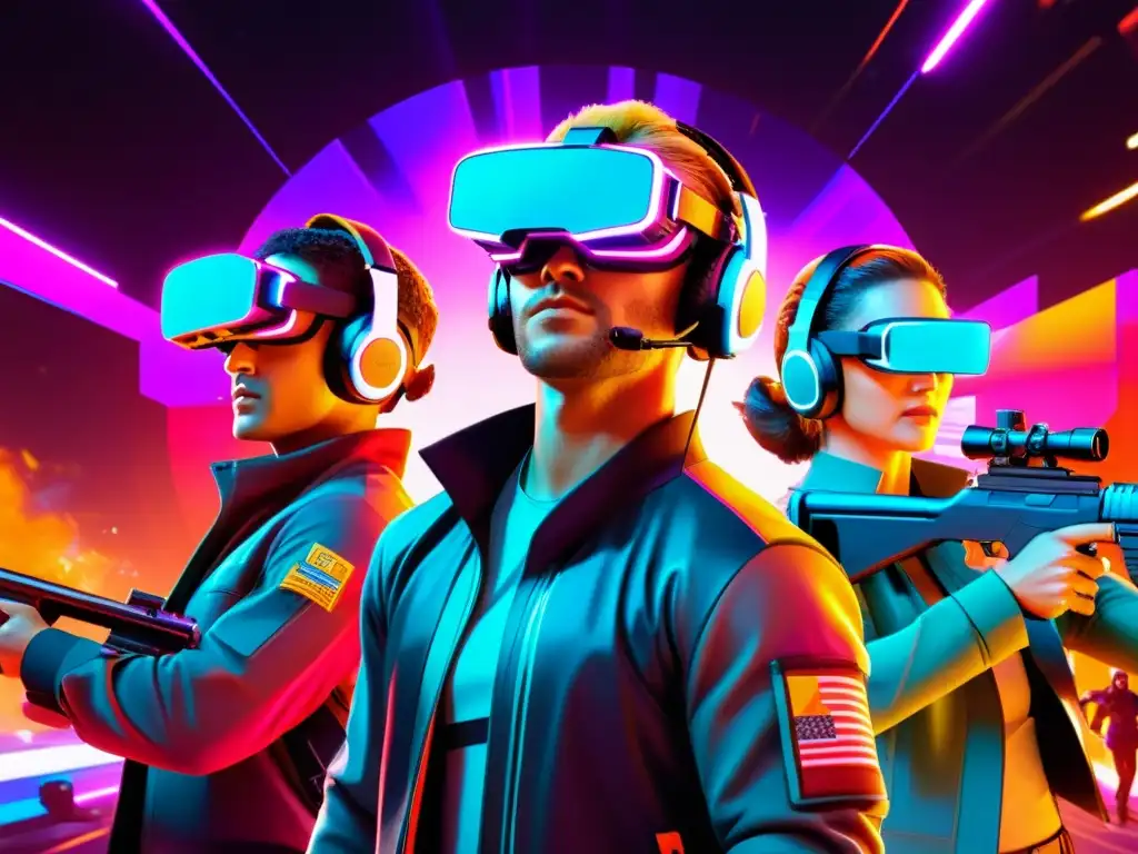 Promociones de accesorios de realidad aumentada FreeFire: Personajes del juego en intensa batalla con visuales futuristas y headsets AR