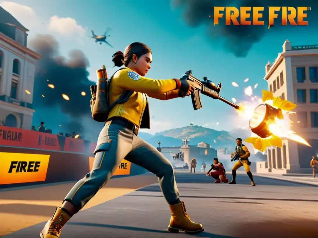 Publicidad ingame en Free Fire: Intenso combate con personaje usando artículo de marca