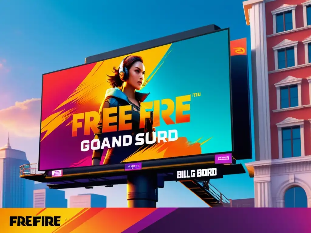 Publicidad ingame en Free Fire: Un vibrante anuncio en un cartel virtual, integrándose perfectamente en el juego con efectos realistas y una ciudad futurista de fondo