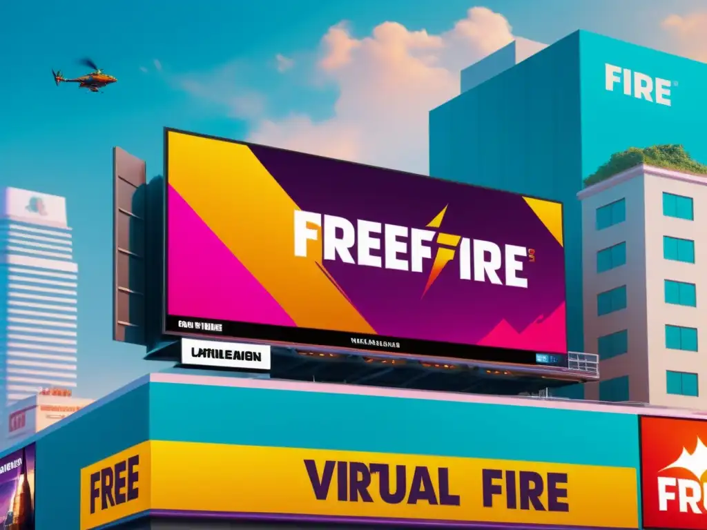 Publicidad ingame en Free Fire: cartel virtual con anuncios de marcas en ambiente urbano futurista del juego, integrados de forma vibrante