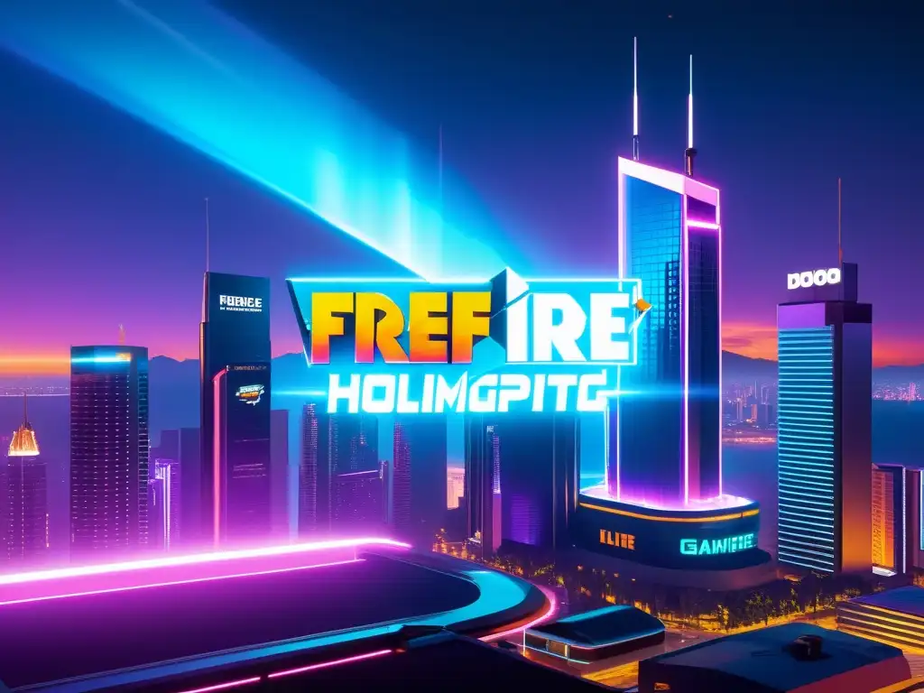 Publicidad interactiva para gamers FreeFire: Ciudad futurista con holograma gigante y rascacielos iluminados por luces neón