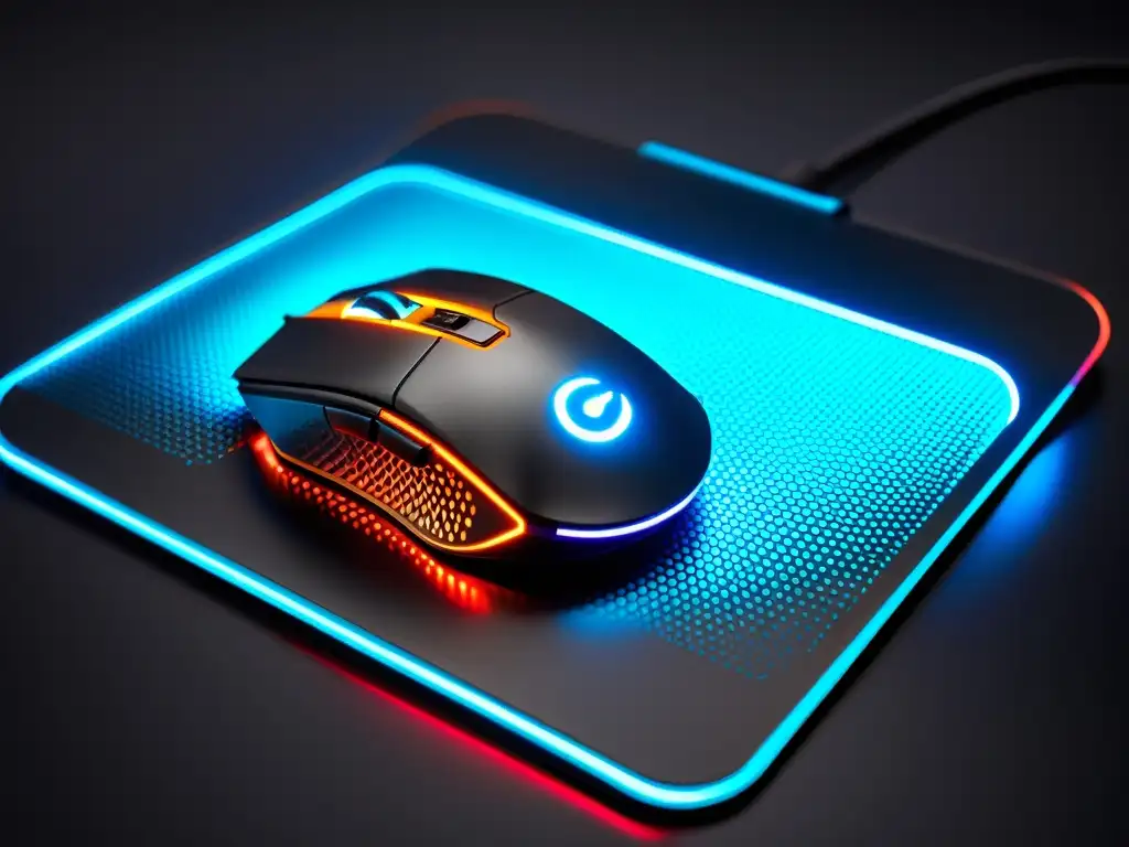 Un ratón gaming de alta tecnología sobre un mousepad futurista, con patrones cibernéticos y luces LED