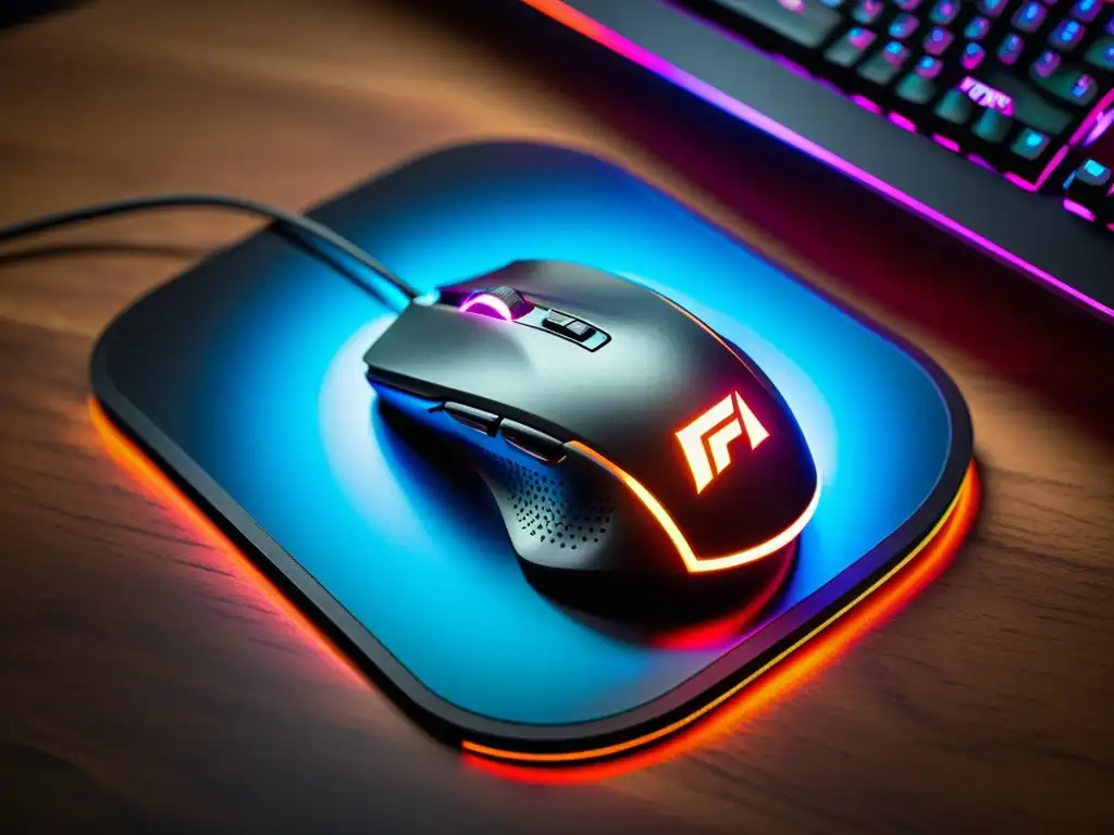 Un ratón gaming de alta tecnología sobre un mousepad iluminado con branding de FreeFire, representación visual de los mejores ratones gaming para FreeFire