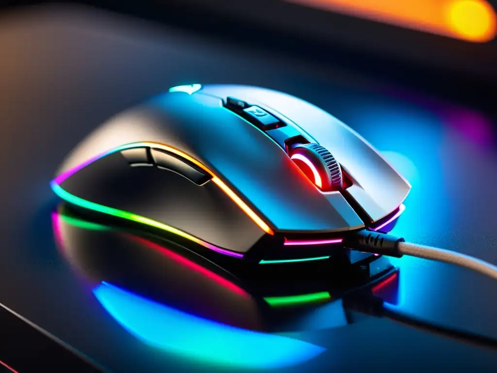 Un ratón gaming de diseño moderno, iluminación RGB personalizable y botones programables, sobre una superficie futurista