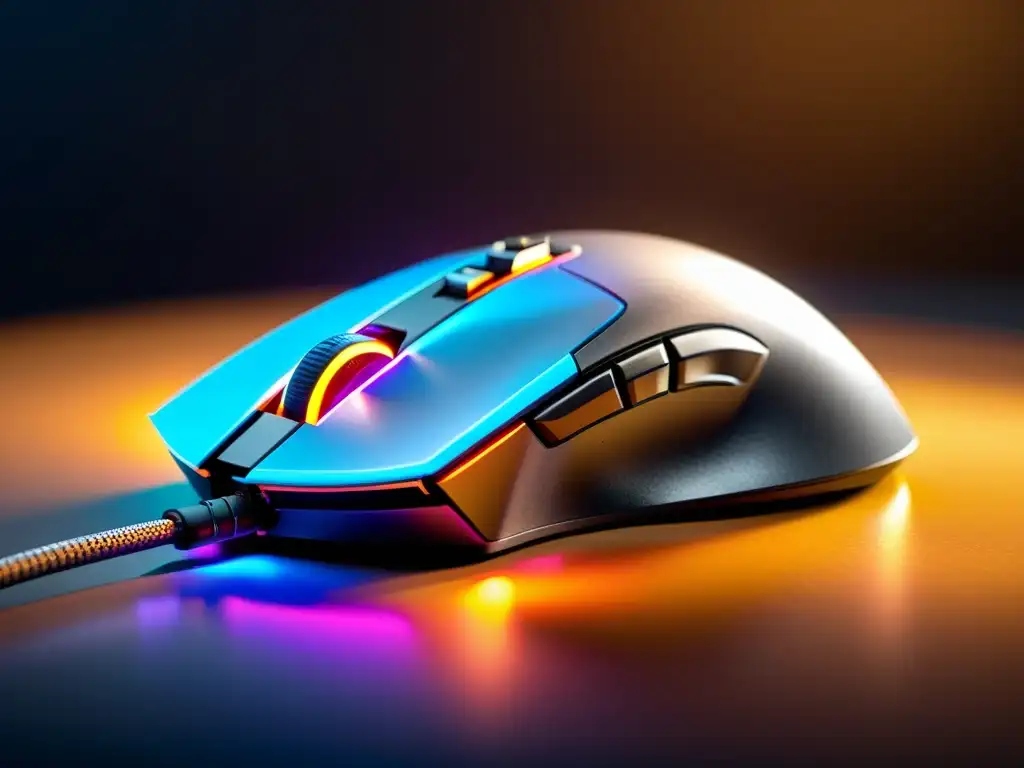 Un ratón de juego moderno con luces RGB personalizables y pesos ajustables sobre un mousepad negro