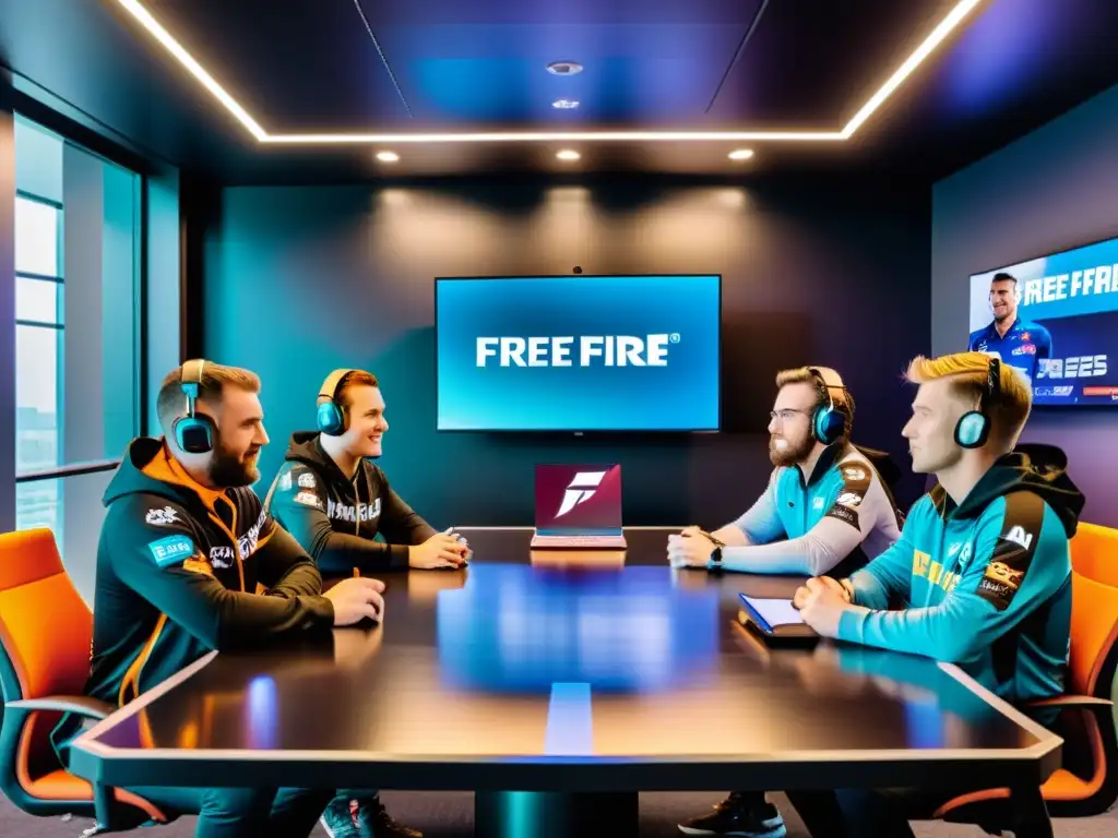 Reunión profesional del equipo de esports de Free Fire con posibles patrocinadores en una sala moderna y dinámica