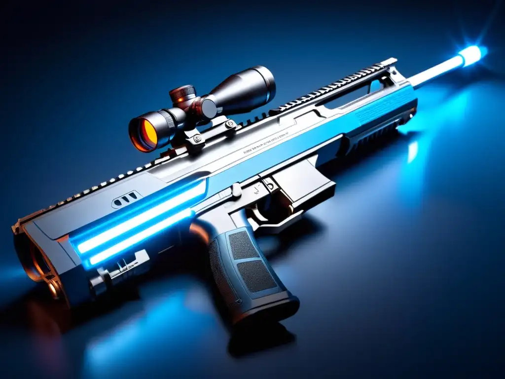 Un rifle de asalto futurista en azul brillante destaca contra un fondo de alta tecnología