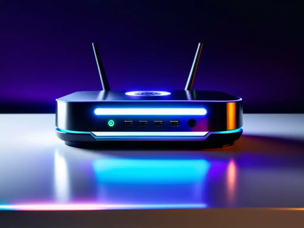 Un router de diseño futurista iluminado con luces LED, en un ambiente hightech para jugar FreeFire