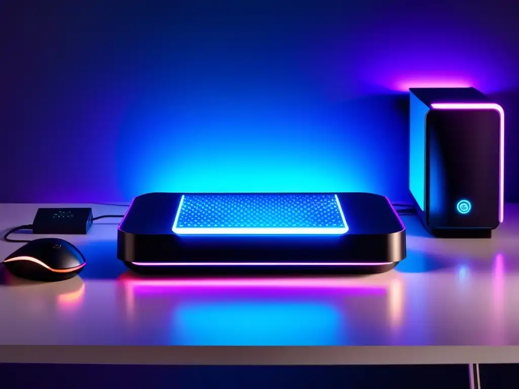 Un router futurista rodeado de periféricos de gaming, iluminado con luces neón azules y moradas