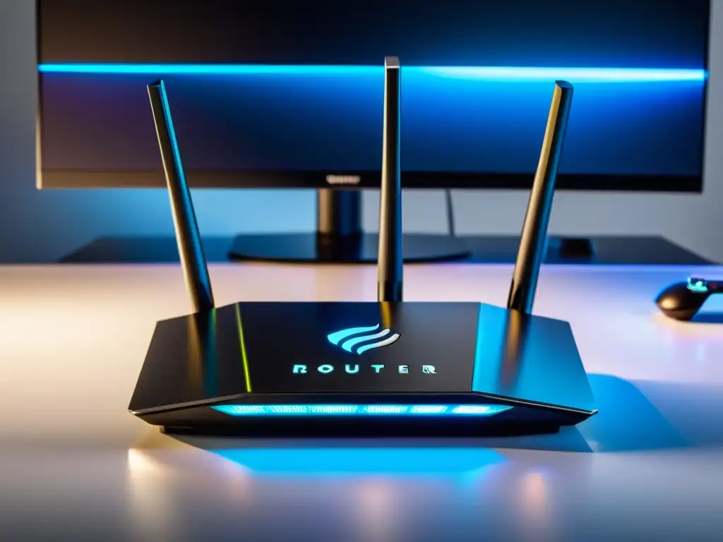 Un router moderno y elegante sobre un escritorio minimalista, con un setup de gaming al fondo