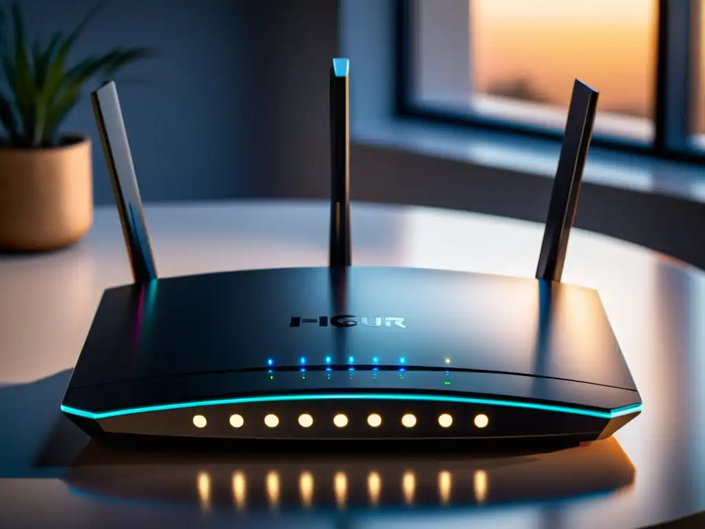 Un router moderno y elegante con múltiples antenas, iluminado y listo para una conexión estable y rápida