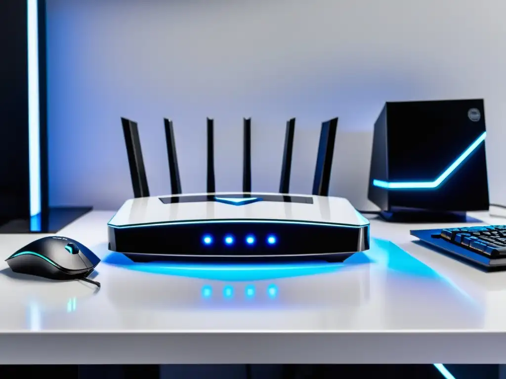 Un router moderno y elegante rodeado de periféricos de juego en un escritorio blanco, ideal para los mejores routers para jugar FreeFire