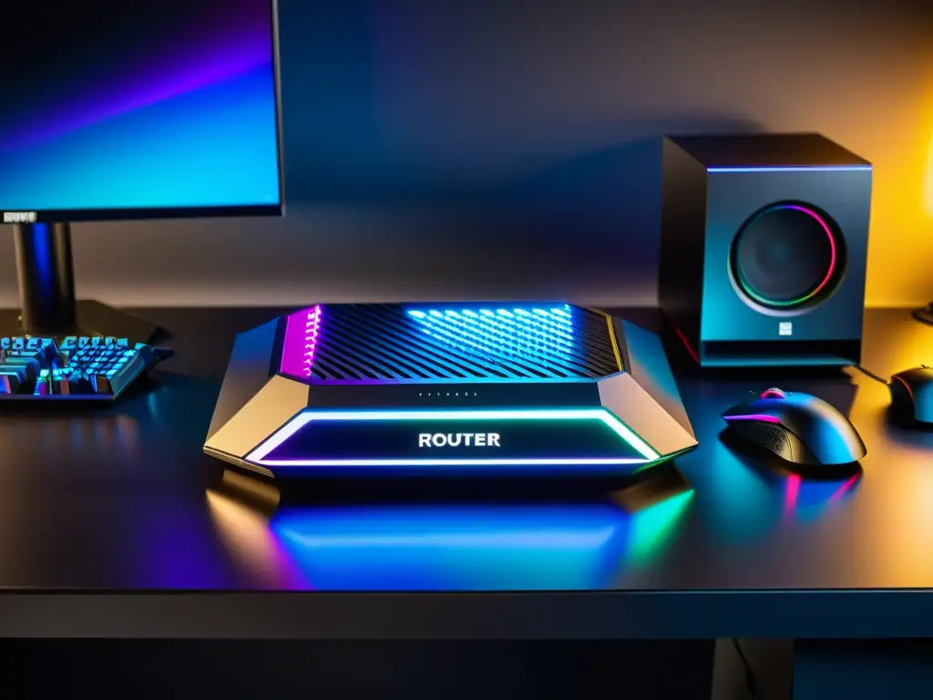 Un router moderno con iluminación RGB en un escritorio gamer con PC de alto rendimiento, mouse y teclado