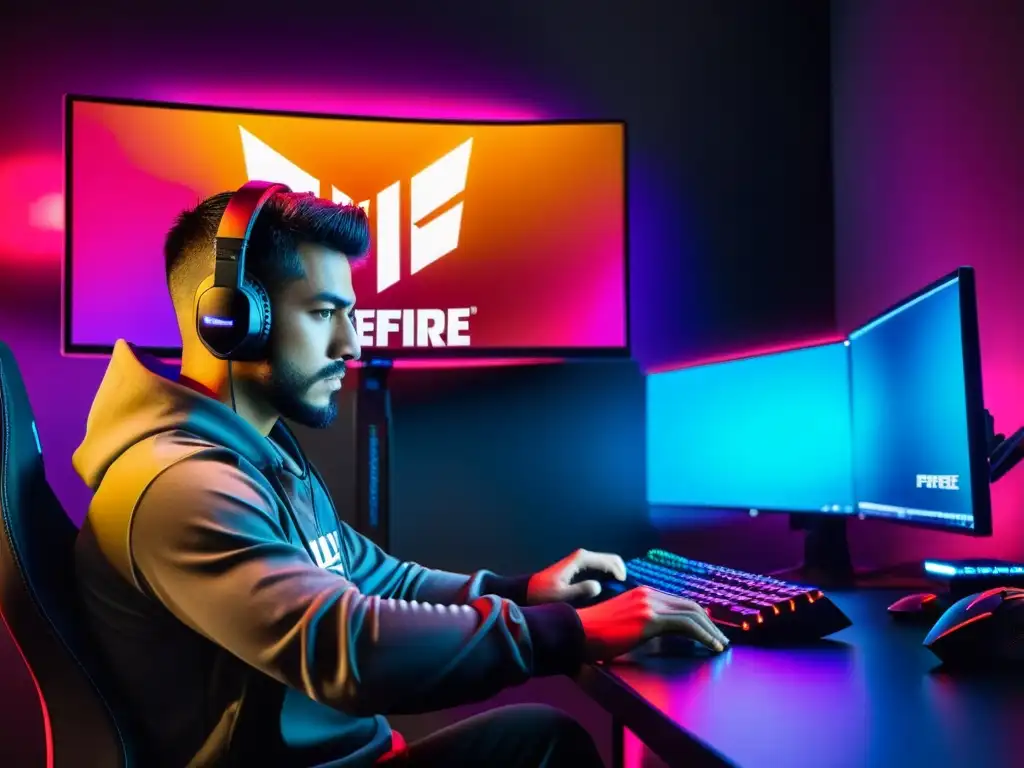 Rutinas diarias para mejorar habilidades FreeFire: Atleta de esports concentrado en intenso entrenamiento frente a la pantalla y equipo gaming de alta gama