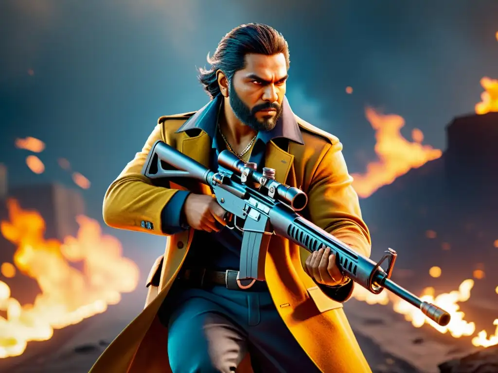 SK Sabir Boss revolución en Free Fire: Intensa imagen 8k en llamas con armas, resalta su estilo de juego emocionante