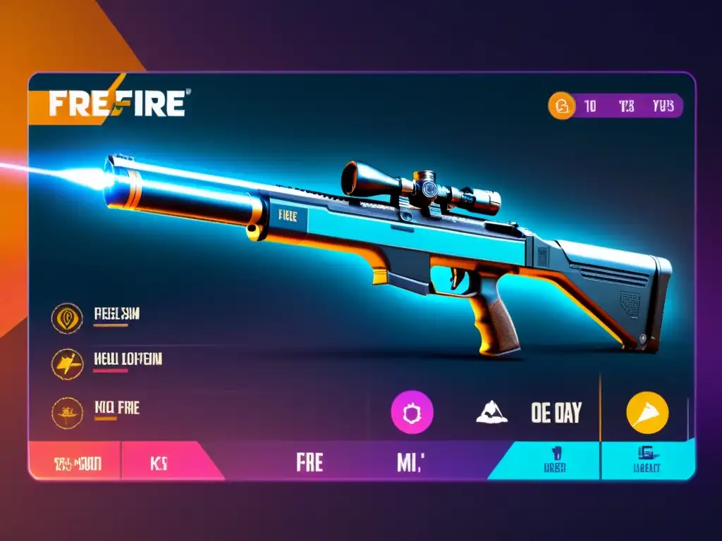 Selección avanzada de armas en Free Fire con actualizaciones de alta tecnología y diseño futurista