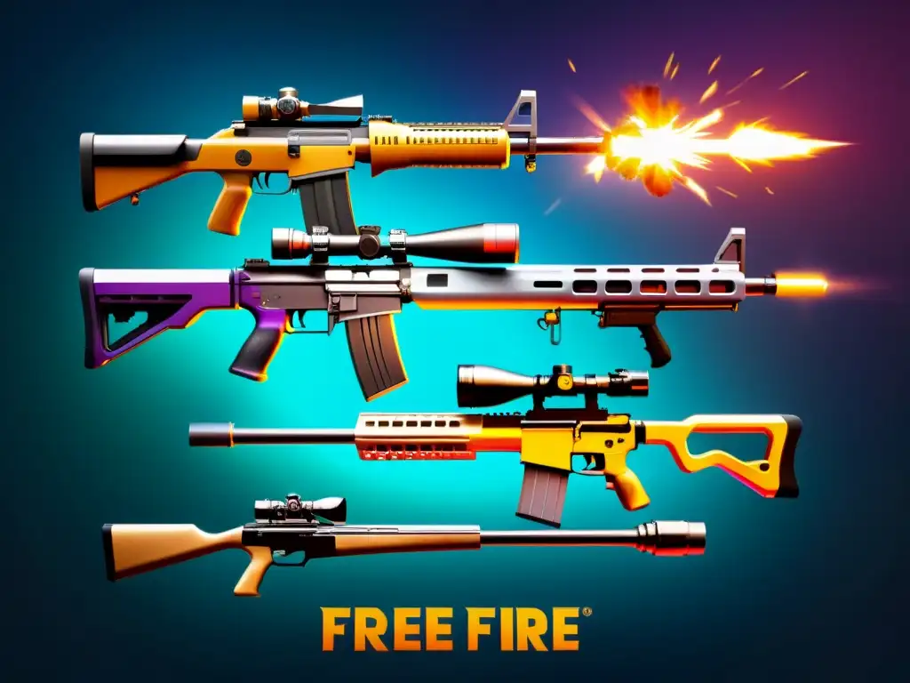 Selección óptima de armas en FreeFire: Imagen de armas modernas y detalladas en una composición estratégica y vibrante