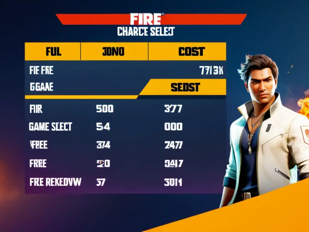 Selección de personaje en Free Fire con estadísticas detalladas y análisis de costos