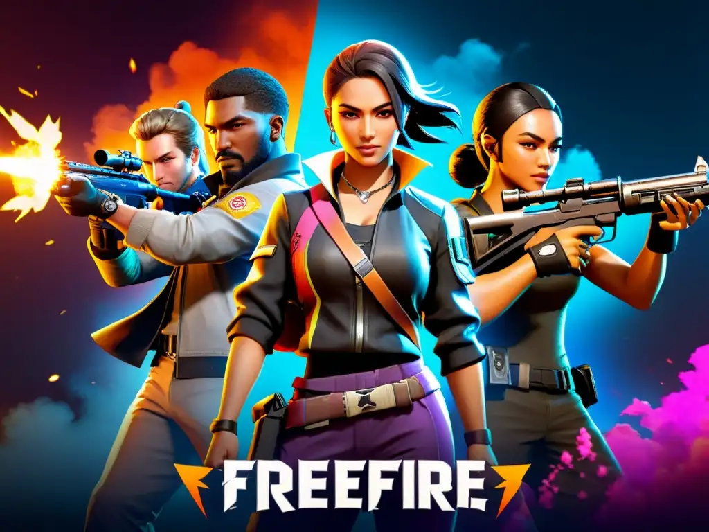 Selección de personajes en FreeFire: Diversidad de personajes en poses únicas, detallados con armas y expresiones, en un escenario de batalla intenso