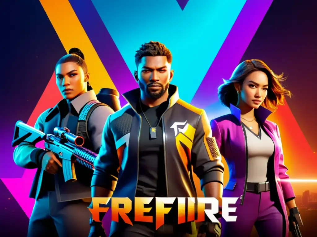 Selección de personajes en FreeFire: Diversos personajes en pose dinámica frente a un telón urbano futurista, exudando trabajo en equipo y estrategia